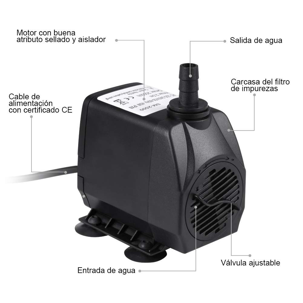 Bomba de Agua Sumergible 4000L/H 80W para Acuario Estanque Pecera Fuente Circulación de Agua Dulce y Marino con 4 Boquillas 4m de Altura