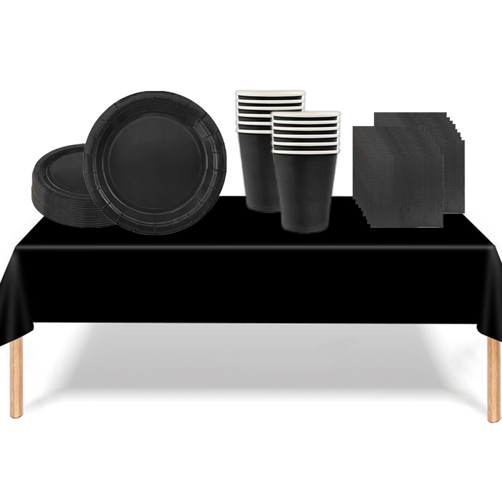 53PCS Midnight Black Tableware Decorations for Kids Birthday,Disposable Party Tableware Set Tablecloth Table Covers,7inch Paper Plates,Paper Napkins,Cups for Xmas Birthday Wedding Party Favor