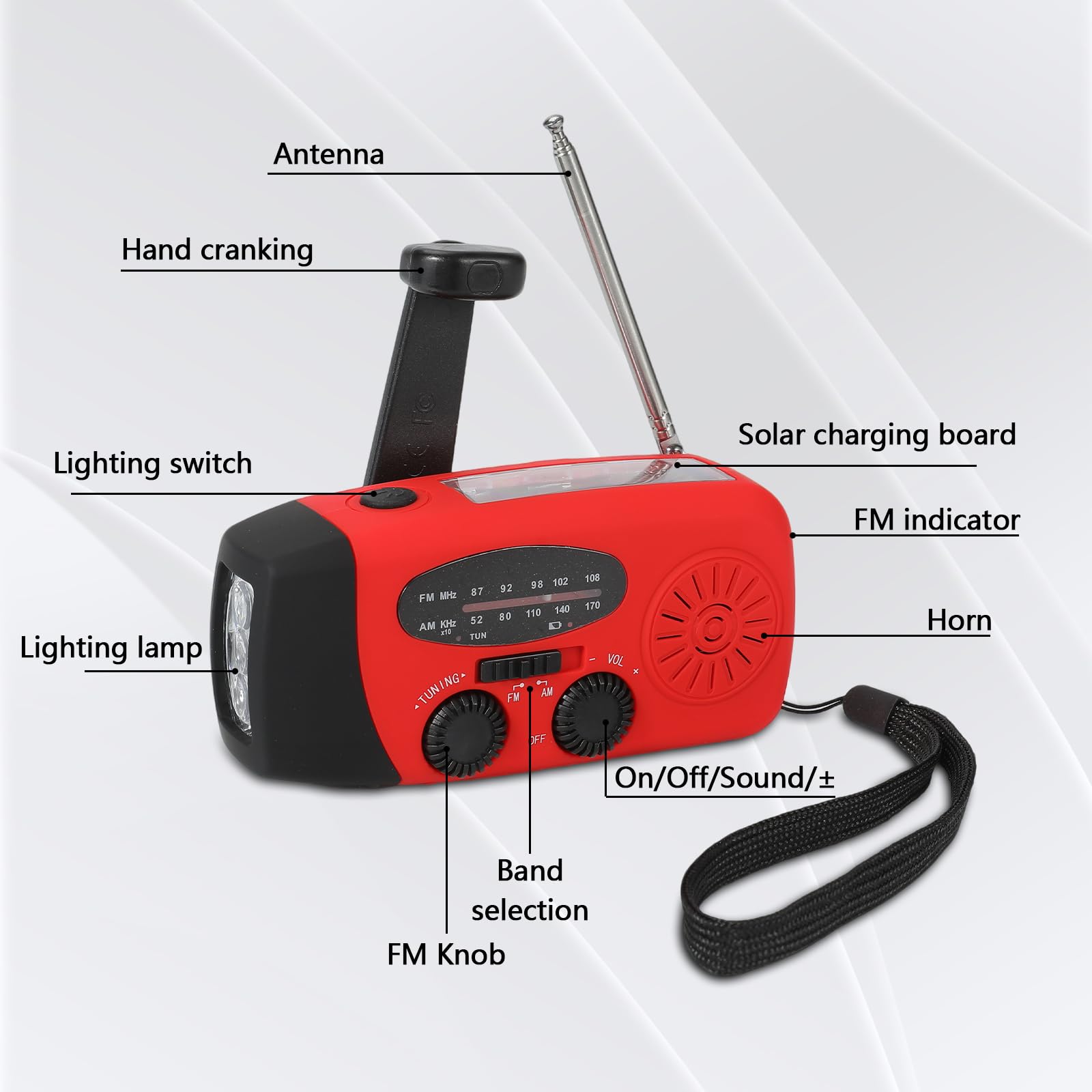 Radio a manovella con solare e torcia LED AM/FM/Meteo ricarica USB portatile rossa