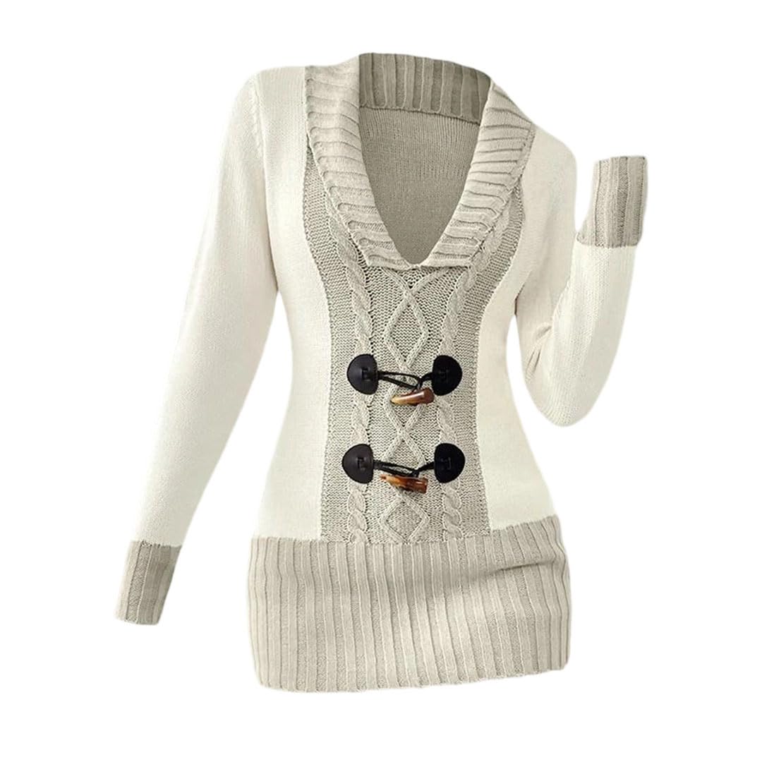 Womens Tops Contrast Color Mock Horn Plunge Neck Sweater