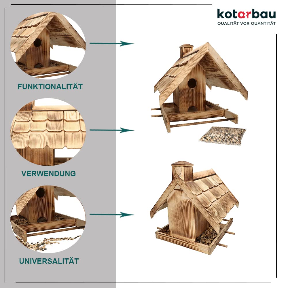 KOTARBAU® Mangiatoia per uccelli in legno bruciato XL + fodera da 0,5 kg