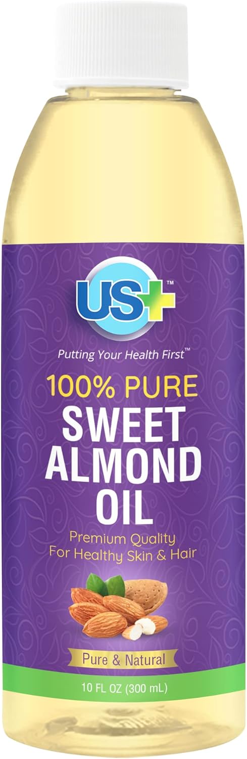 Us+ 100% Pure Sweet Almond Oil – Cold-pressed, Unrefined, Hexane-free – Premium Quality for Healthy Skin & Hair (10oz)