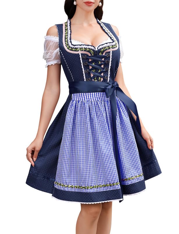 Clearlove Dirndl Damen midi 3tlg Trachtenkleid Damen Trachtenrock Trachtenmode Kleid Dirndlbluse für Oktoberfest(Navy Blau,36)