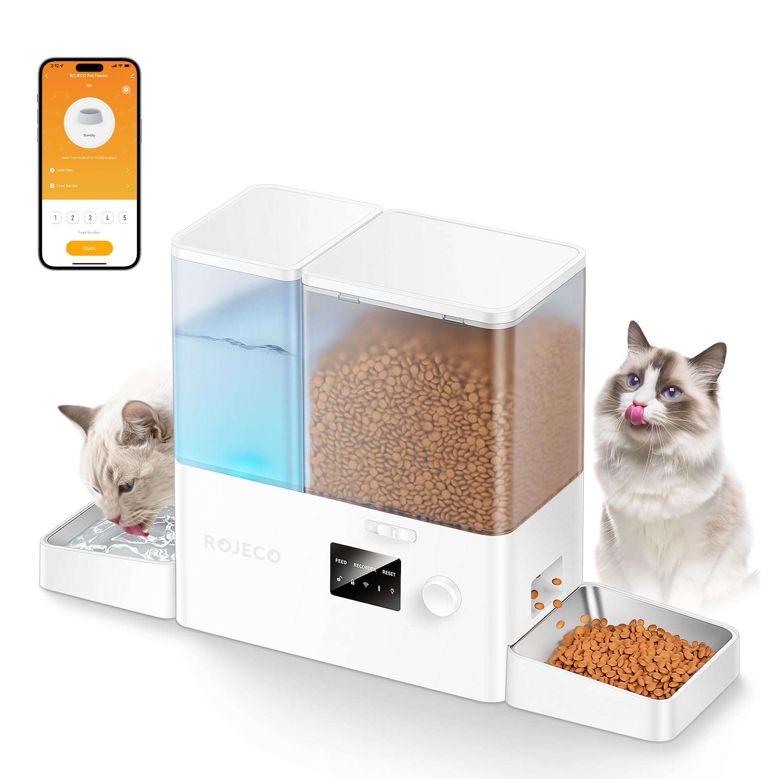 Rojeco 36Cups/8.5L WiFi Automatic Cat Feeder and Gravity Water Dispenser,Stainless Steel Bowls 2-in-1 Large Capacity 5L Food Dispenser with APP and 3.5L Water Fountain for Pets,Dogs,Puppies,Kittens