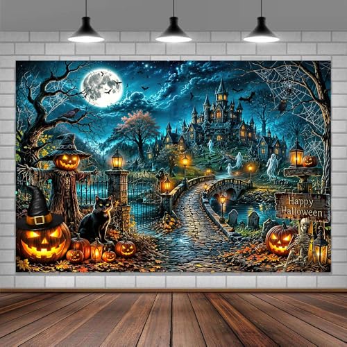 Halloween Backdrop 5x3ft - Haunted House Spooky Night Graveyard Photography