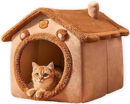 犬 猫 兼用 ペット ベッド ハウス くまさんデザイン キャットハウス 小型 洗濯可能 煙突付き 犬小屋 室内 家 寝床 ドーム ドーム型ベッド 冬暖かい (クマさん, S)