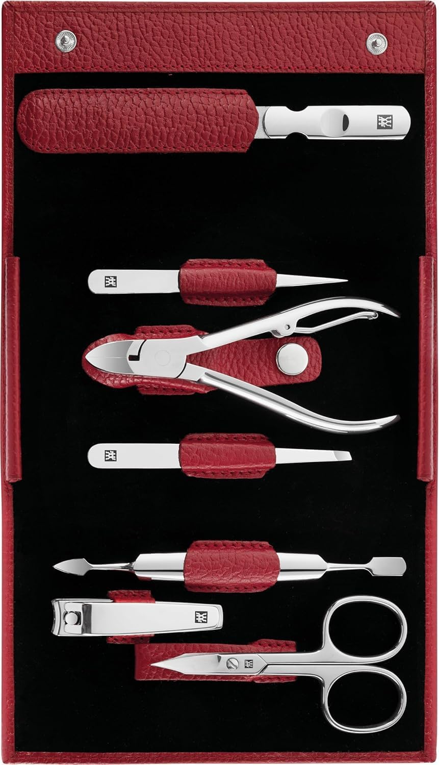 ZWILLING Manicure Set (7-Piece, Pedicure Set, Travel Case, Nail Care, Real Leather), Polished Stainless Steel, Red