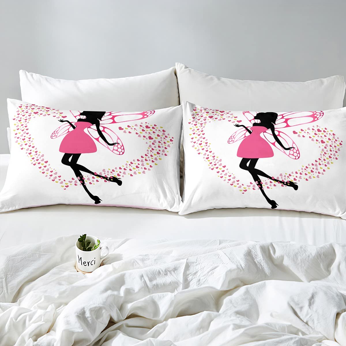 Juego de cama de hada con alas para niñas, funda de edredón para niños y niñas, diseño de mariposas, color rosa