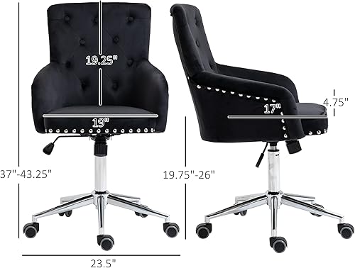 Miniatura 3 de HOMCOM Silla de escritorio moderna con respaldo medio con respaldo de terciopelo copetudo, ribete de cabeza de clavo, silla giratoria de oficina en