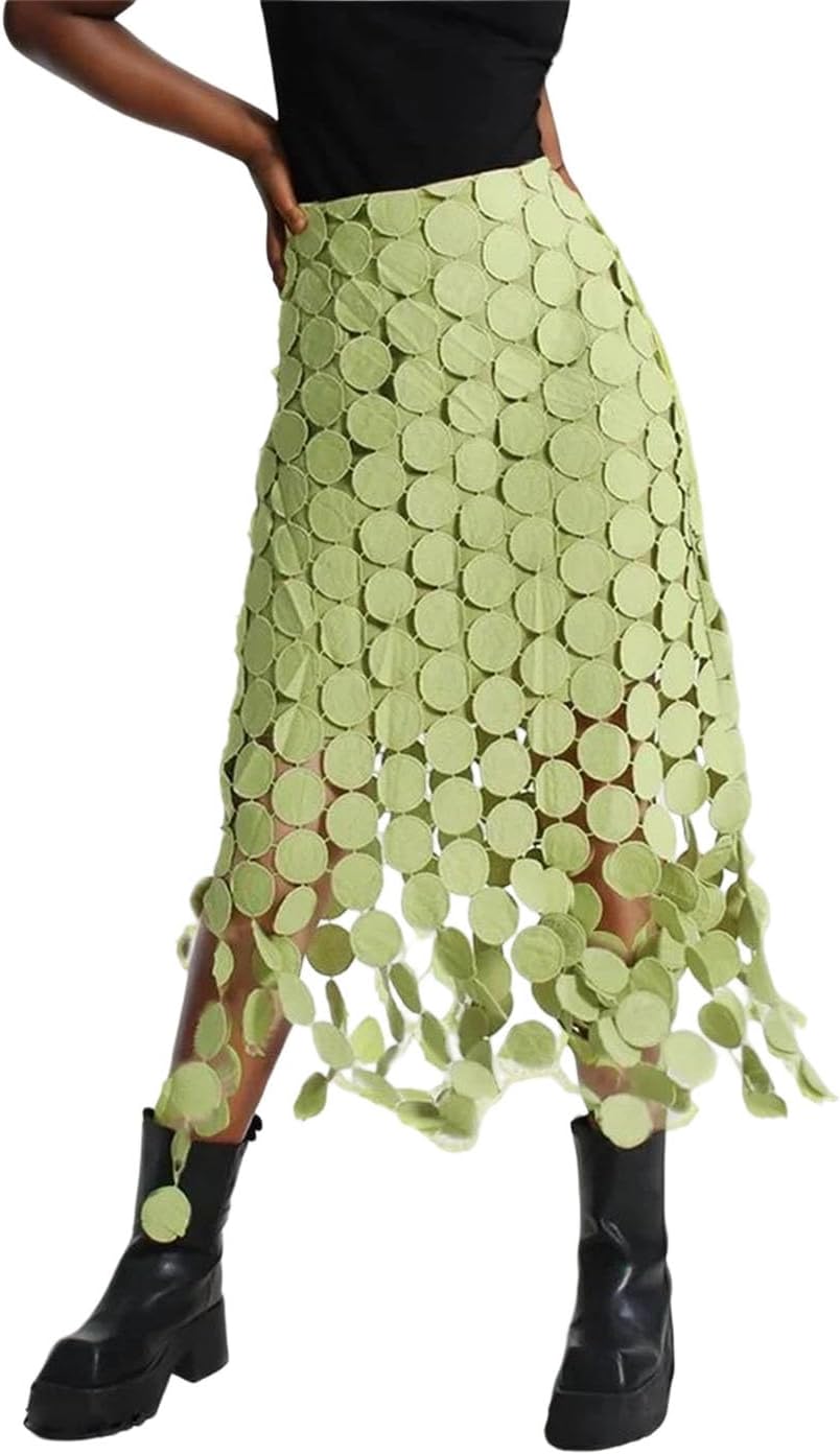 Women Solid Patchwork Tassel High Waist Hollow Out Irregular Hem Elegant A Line Skirt