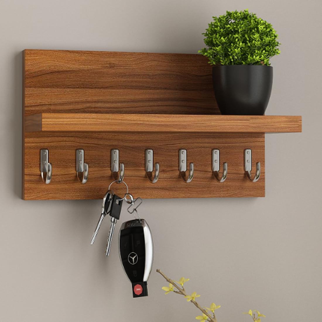 gm craft solid sheesham wood key stand for wall | wooden key holder for home | key hanger | home decorative keychain holder with 7 hooks (honey finish)