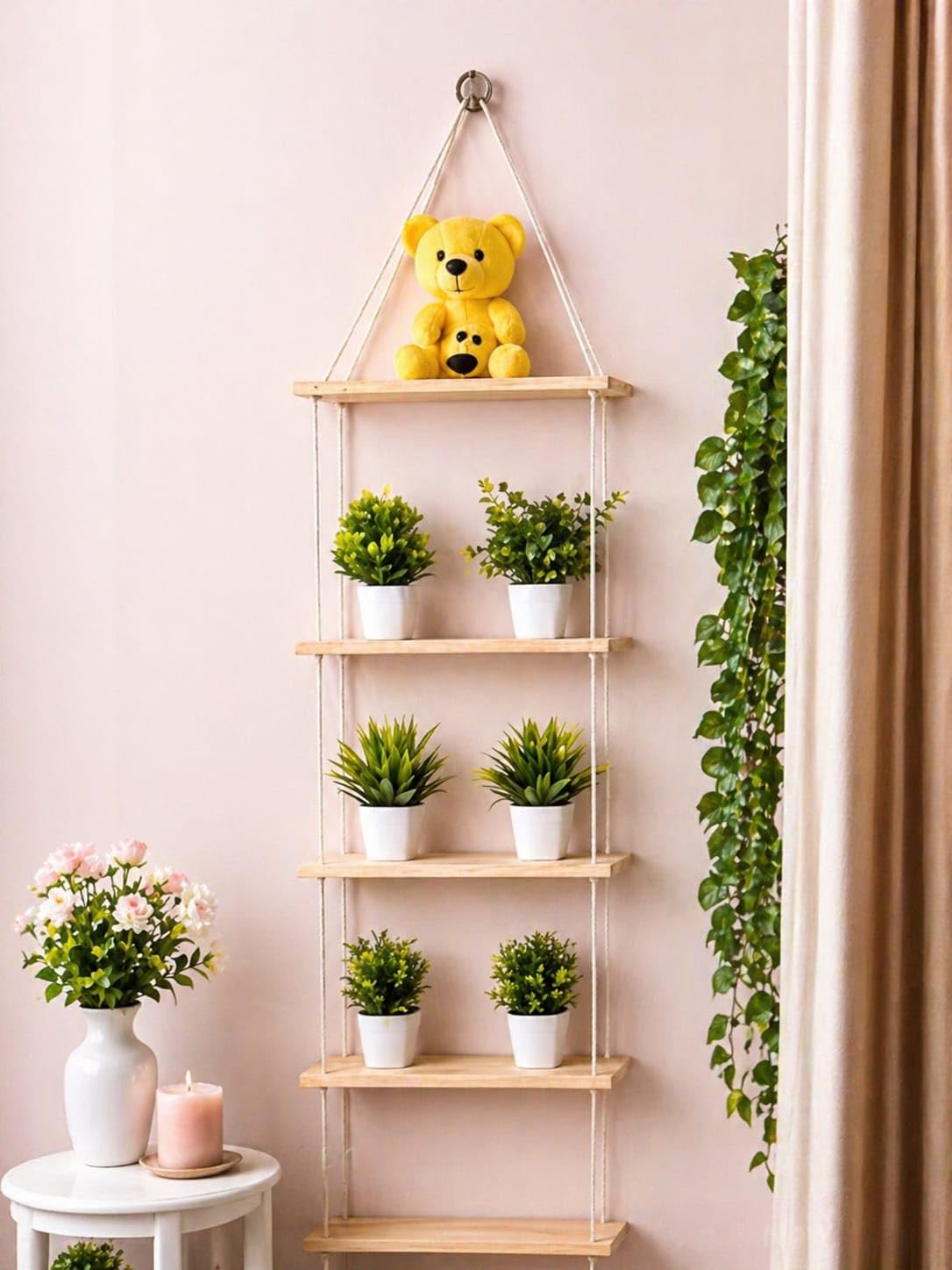 5-Tier Hanging Wall Shelf – Wooden Rope Ladder Shelf for Plants, Books & Home Decor | Rustic Wall Mounted Storage Organizer-image-42