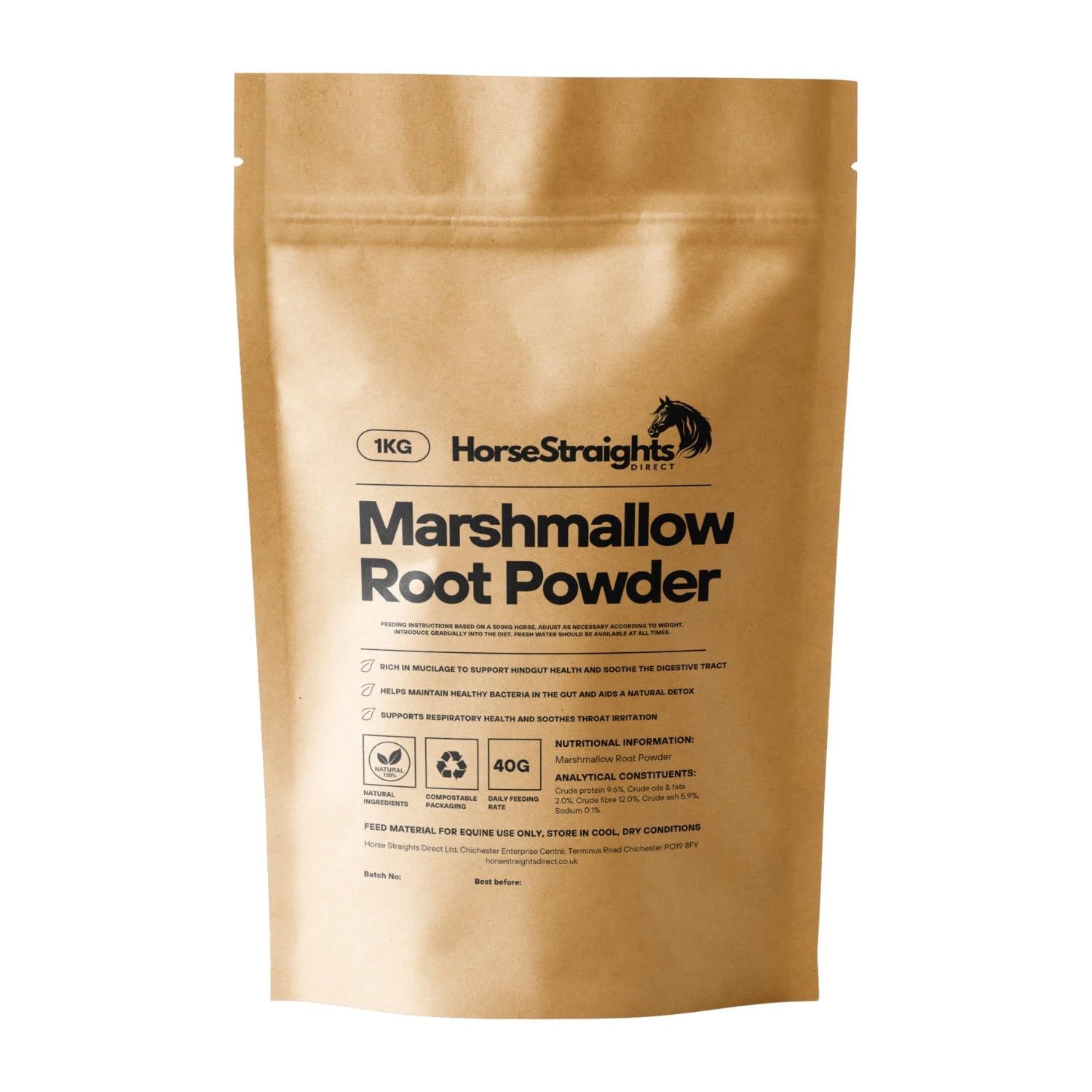 Marshmallow Root Powder for Horses Hindgut Soothing Ulcer Prone Support & Respiratory Comfort 1KG HSD Horse Straights Direct