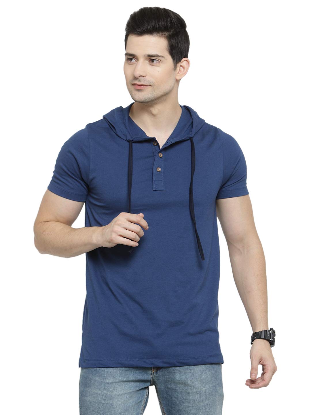kalt Men's Half Sleeves Cotton Blend Hoodie(Blue)-picture-40