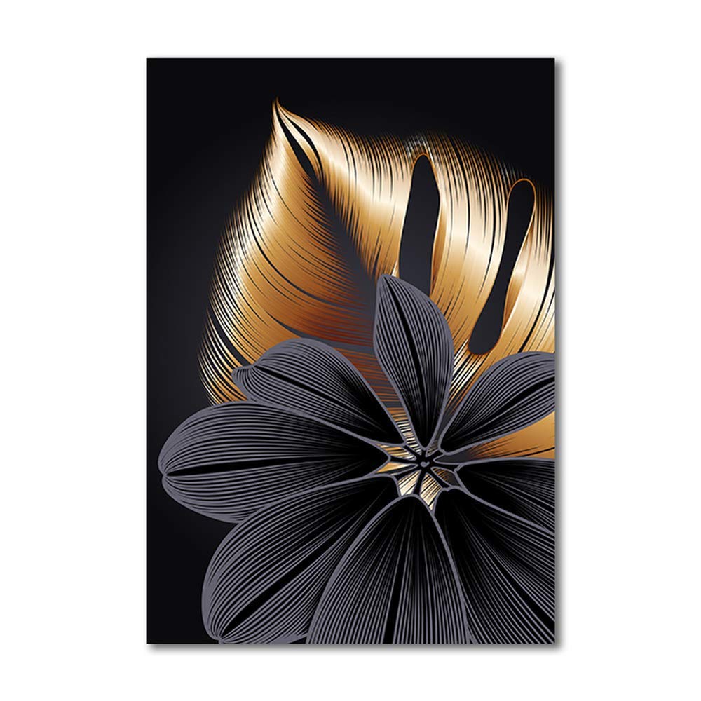 Toile feuille noir doré 90x140cm : affiche abstraite moderne pour salon