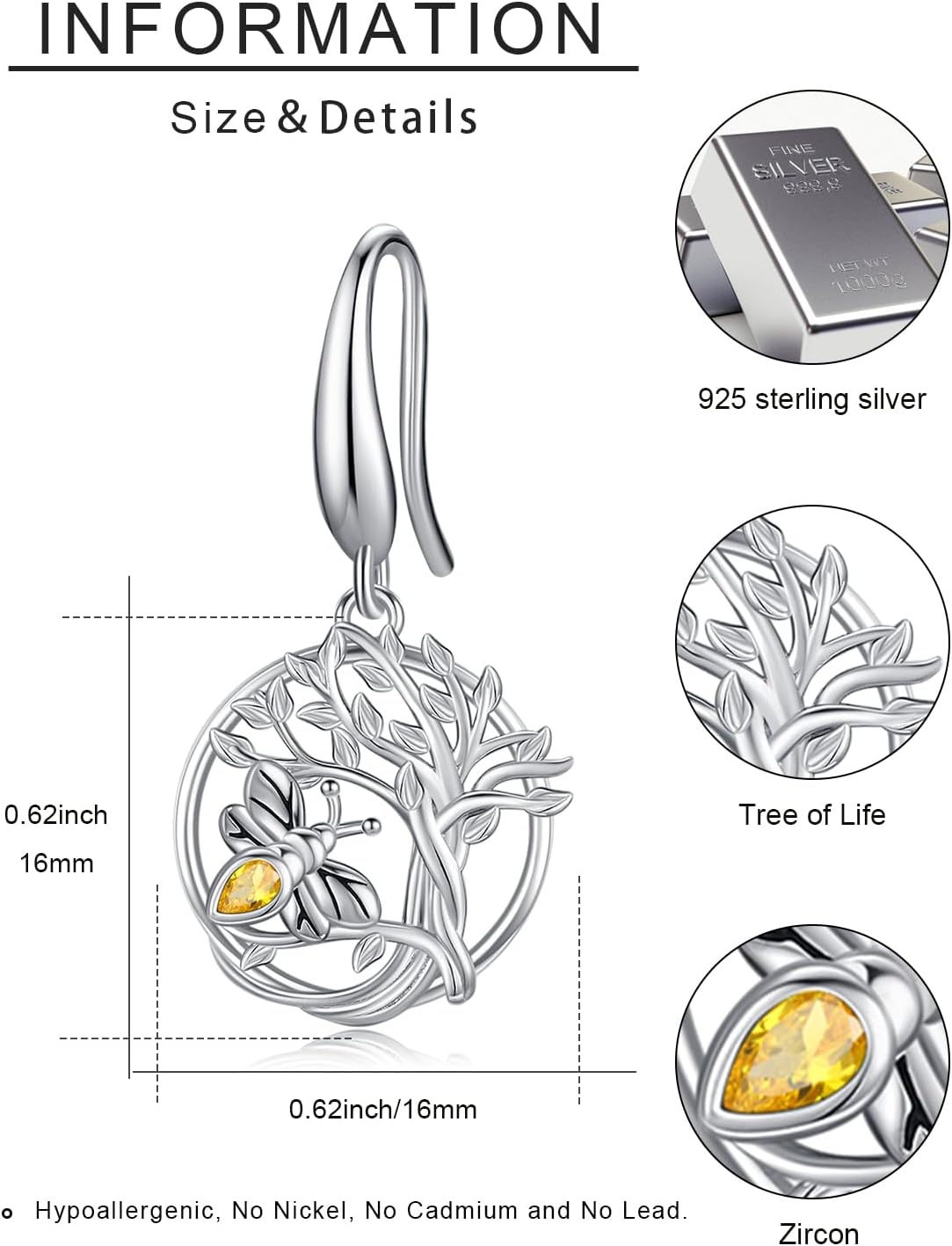 CHENGHONG Tree of Life Earrings for Women 925 Sterling Silver Blue Crystal Butterfly/Dragonfly/Cat/Bee Dangle Earrings for Women Jewelry Gifts - Image 4