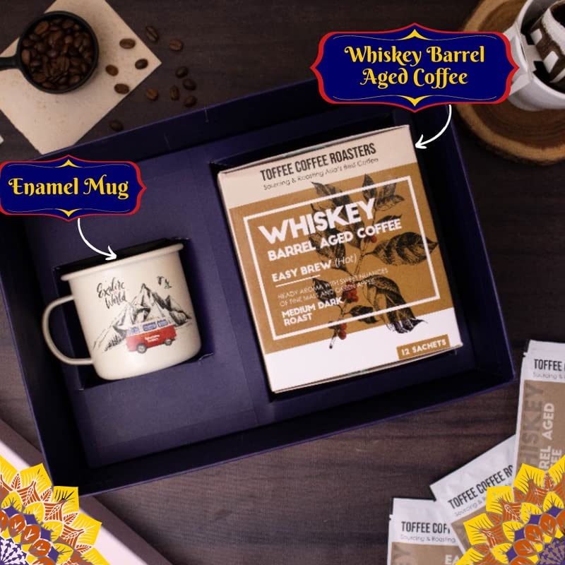 Image of Toffee Coffee Roasters | Hot Brew Gift Box| Whiskey Barrel Aged Coffee (Pack of 12 Sachets) + Enamel Mug|100% Arabica|Medium Dark Roast|Coffee Notes: Fine Malt & Green Apple