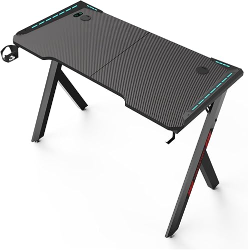 AOR ESPORTS Mesa de juegos, escritorio simple en forma de R con alfombrilla para mouse, gancho para auriculares y soporte para tazas, fácil de