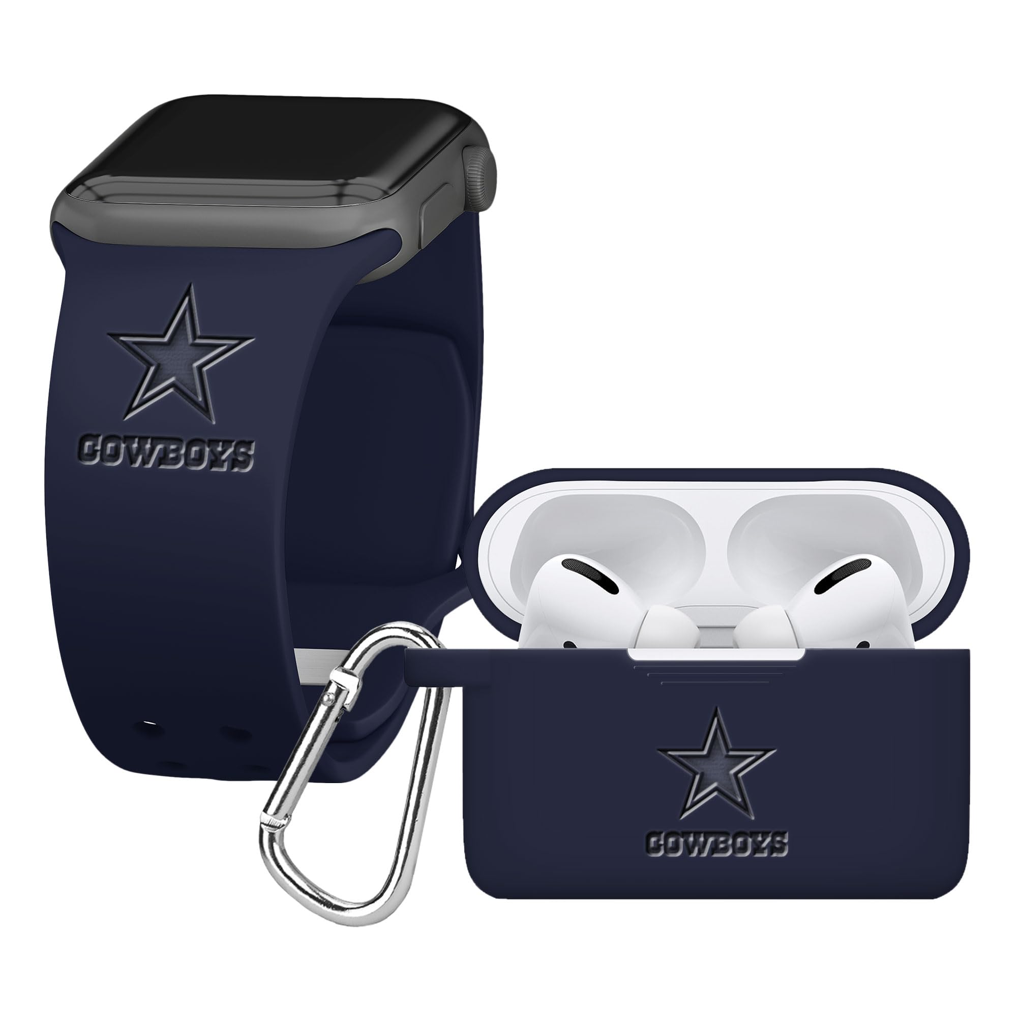 Game Time Dallas Cowboys Engraved Silicone Combo Package Compatible with Apple Watch and Airpods Pro Battery Case (38/40mm Navy/Navy)