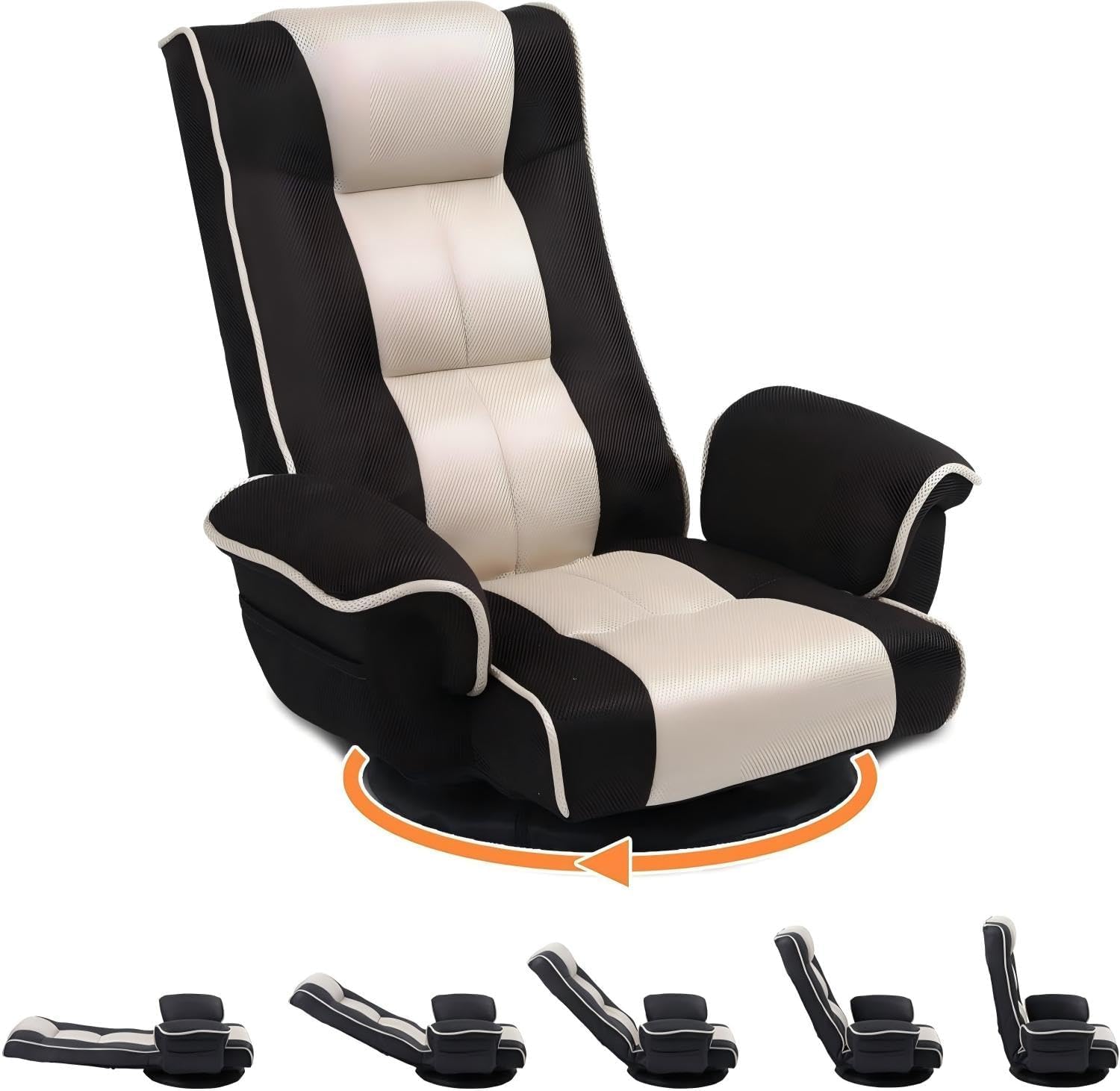 Swivel Floor Chair for Adults, 14-Position Adjustable Floor Gaming Chair with Back Support &amp; Armrests, Foldable Lazy Sofa Lounge, Breathable Mesh for Gaming Reading Meditation (Black/Beige)