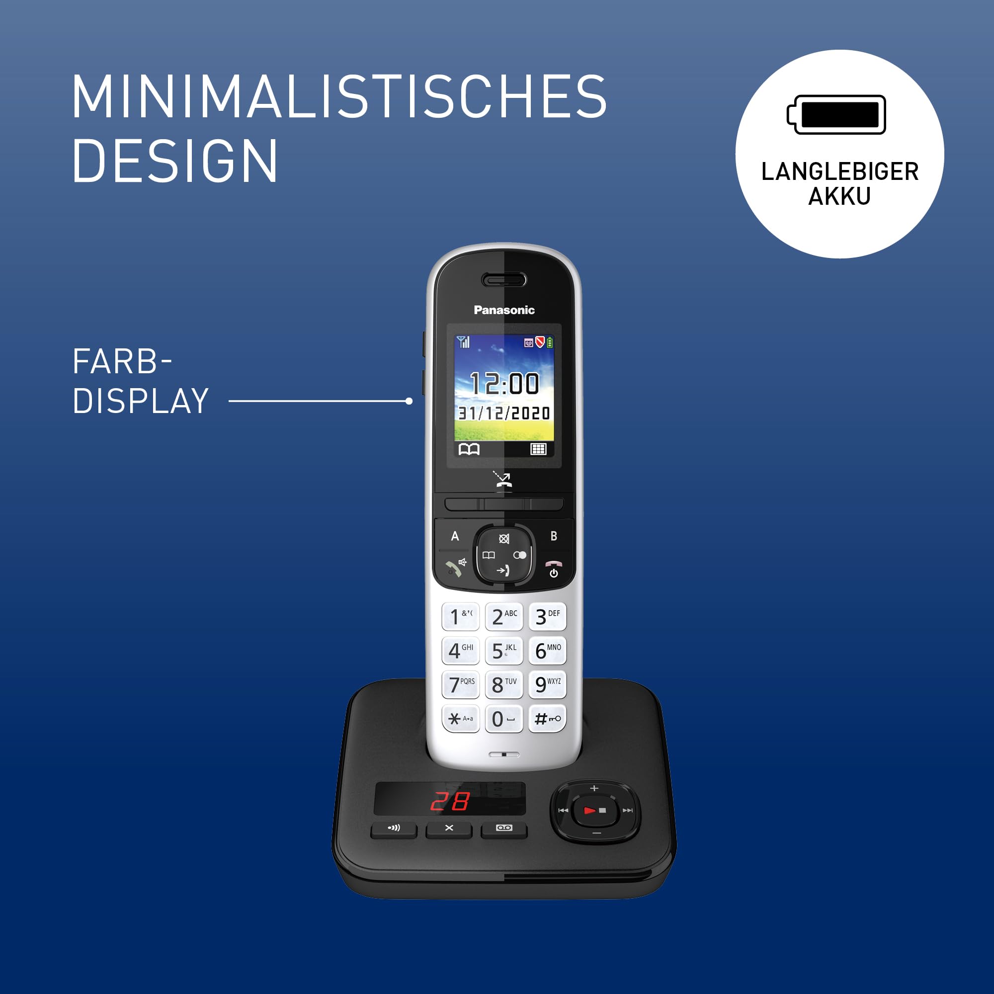 Panasonic KX-TGH723GS Schnurlostelefon mit Anrufbeantworter 3er Set (DECT Telefon, strahlungsarm, Farbdisplay, Anrufsperre, Freisprechen) schwarz