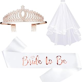 Bride To Be Sash & Bride Crystal Crown & Bridal Wedding Veil Kit, Bridal Tiara Gifts for Bridal Shower Decorations and Bachelorette Party Supplies for Women Girls