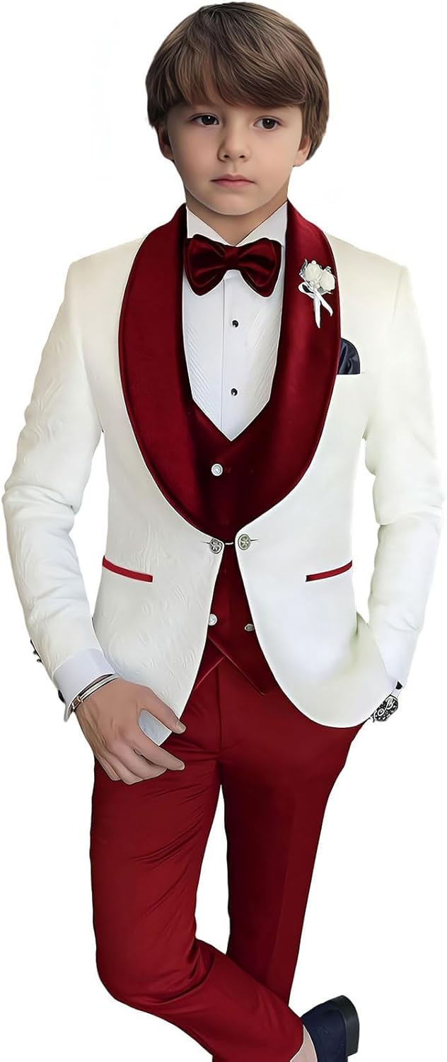 Boys Velvet Suit Slim Fit Jacquard Tuxedo for Boys 3 Piece Kids Tuxedo Suit Jacket Vest & Pant