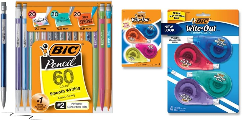 BIC Mechanical Pencil Variety Pack, Number 2 Mechanical Pencils With Erasers, 60 Count & Wite-Out Brand EZ Correct Correction Tape - Applies Dry, White, Clean