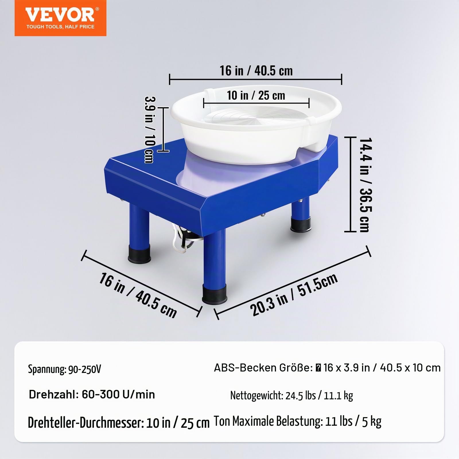 VEVOR Töpferscheibe Keramik Rad Maschine 350 W, Elektrische Töpferscheibe Maschine 25 cm 300 U/min Töpferscheibenmaschine, mit Pedal & Schürze Formmaschine, Geeignet für Anfänger, Enthusiasten