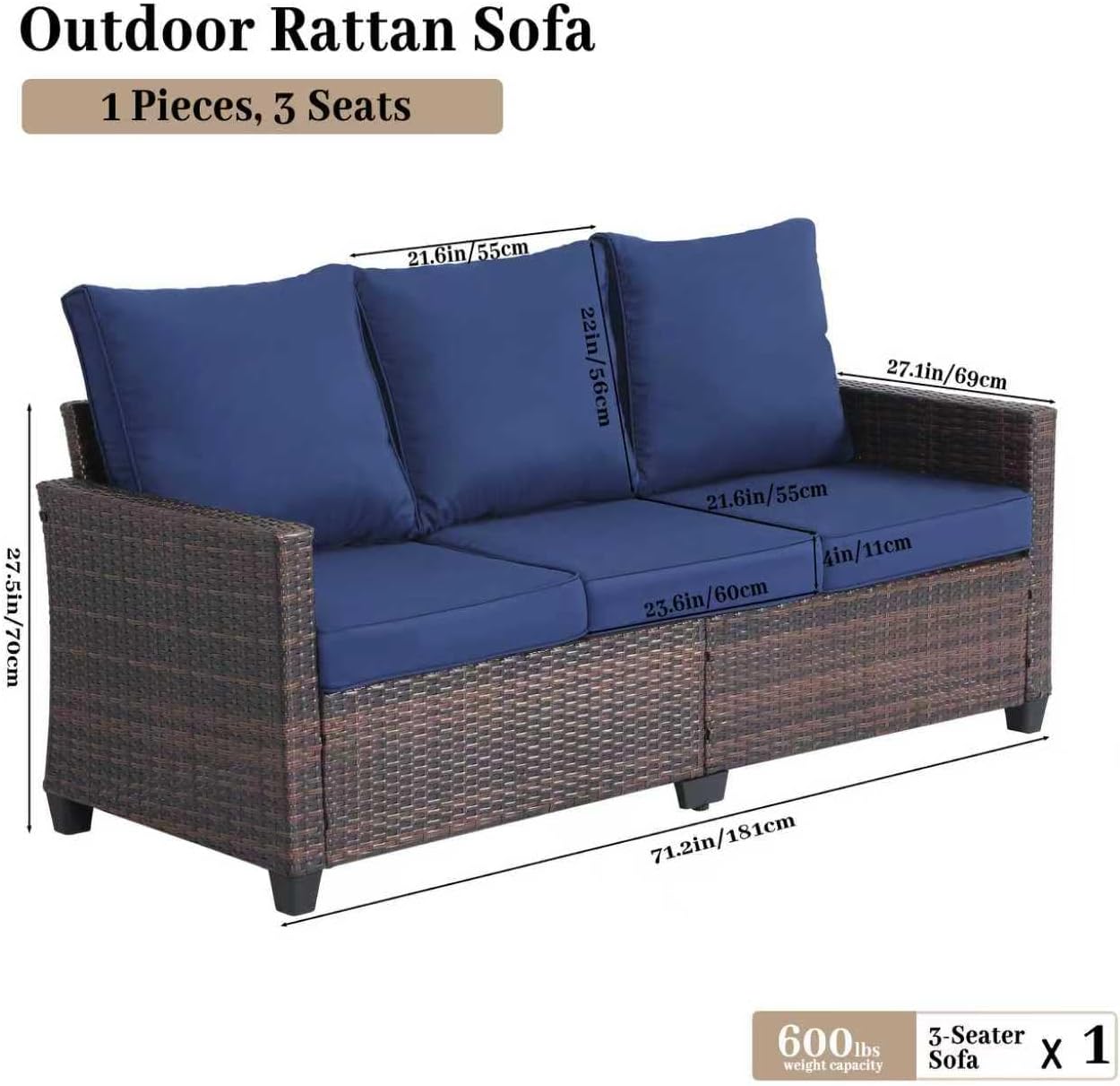 Outdoor Rattan 3 Pieces Patio Sofa, Wicker Terrace Couch, Outdoor Furniture Suitable for Porch and Balcony