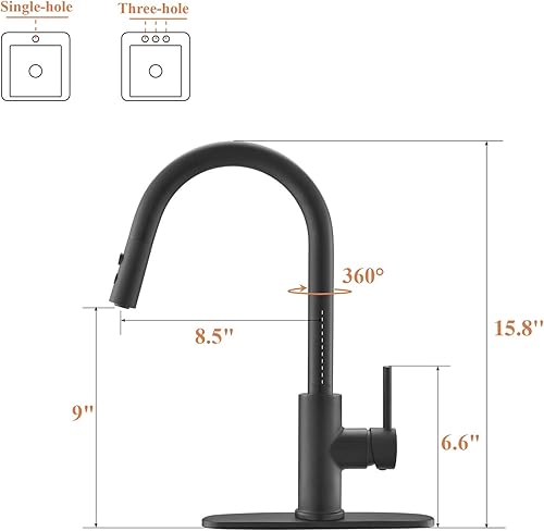 Miniatura 6 de RULIA RB1031 - Grifo de cocina negro mate, grifo de fregadero de cocina, grifo de cocina extraíble, grifo de cocina de bar, acero inoxidable, grifo