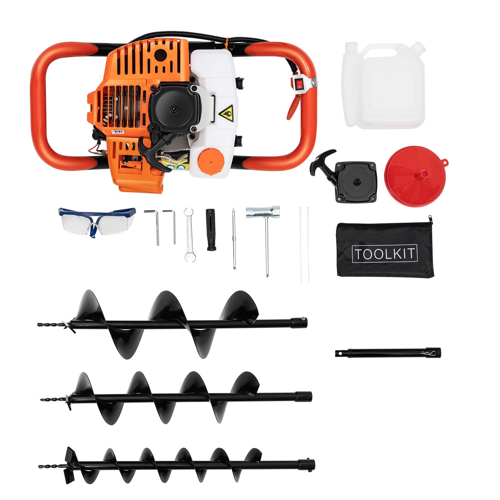 Tarière à essence 52 cc avec 3 forets (100/150/200 mm) | Profondeur de perçage 1,98 CV & 108 cm | Économie de carburant 600 g/kWh + amortissement des vibrations | Avec rallonge et kit d'accessoires