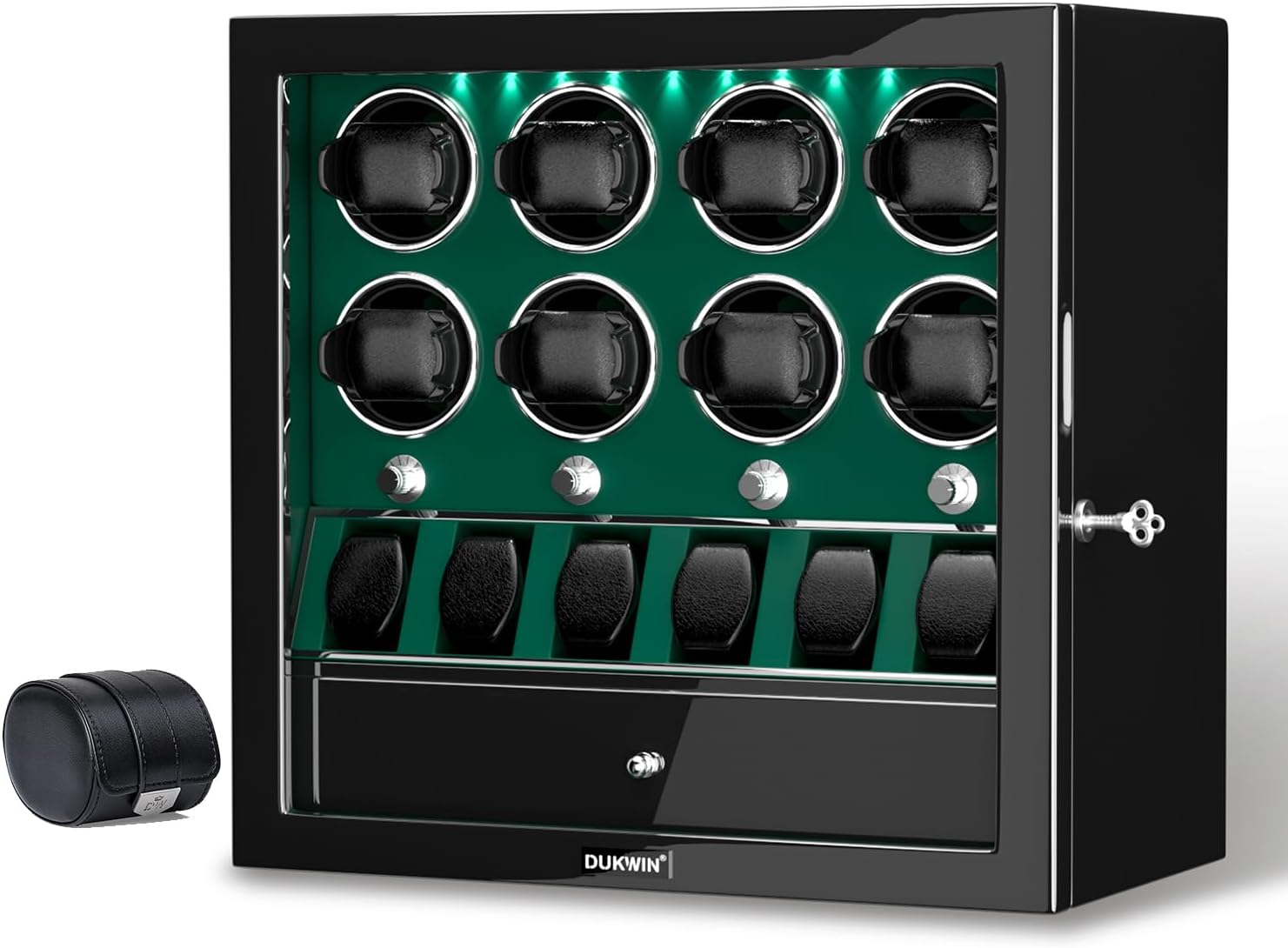 DUKWIN Green Lockable Watch Winders for 8 Automatic Watches and Black Watch Roll for 1