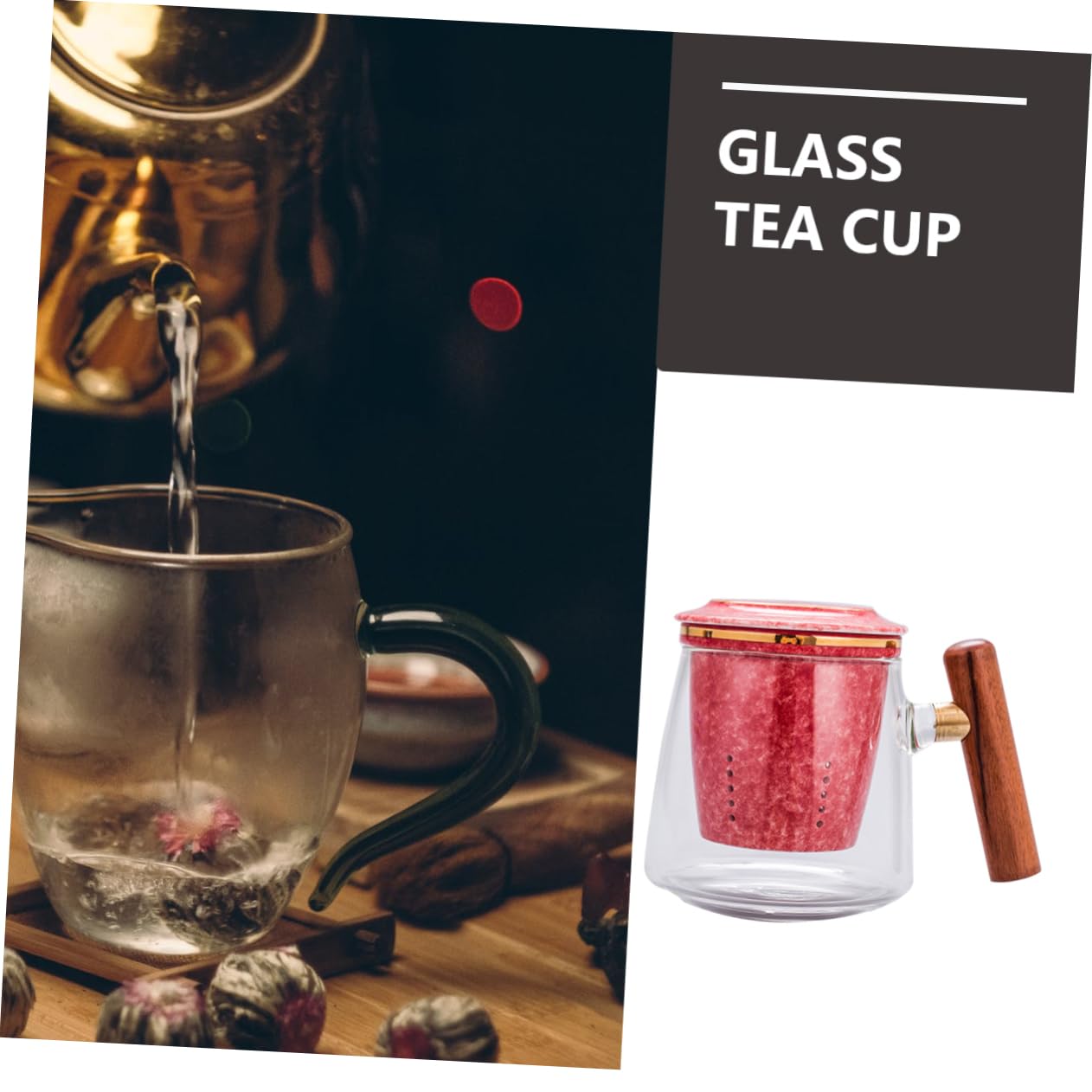 Garneck Glass Tea Mug Ceramic Infuser Large 400ml Tea Cup Set Wooden Handle Office Cup for Water Retro