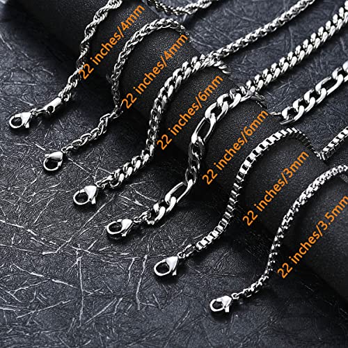 6 Pcs Silver Chains, Stainless Steel Cuban Link/Rope/Box/Figaro/Square Rolo/Wheat Chain Necklace Jewelry Set for Men Women2