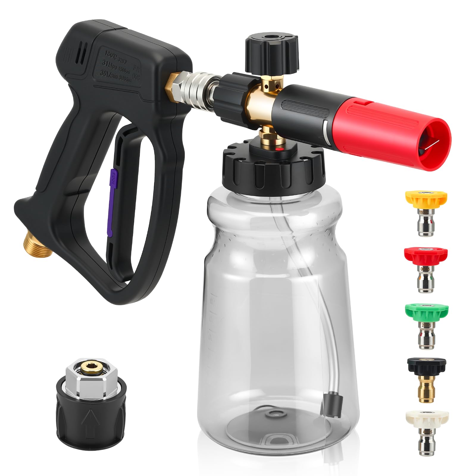 Pistola per idropulitrice ad alta pressione, 5200 psi, per lavaggio auto, con pistola per schiuma, con 5 ugelli a spruzzo, per la pulizia di Kärcher, interfaccia da 1 litro da 1/4"