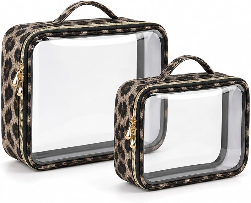 Necessaires transparentes Cozomga com zíper e alça, estampa de leopardo, 2 unidades