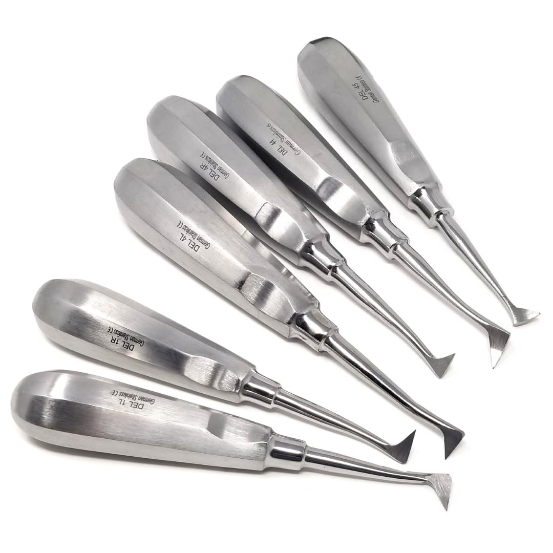 6 Pcs Dental Root Extracting Cryer Left Right Elevators Set Includes #1L #1R #4L #4R #44 and #45 Stainless Steel Luxating Elevator All-in-One Pack for Dentists Students Training Centers