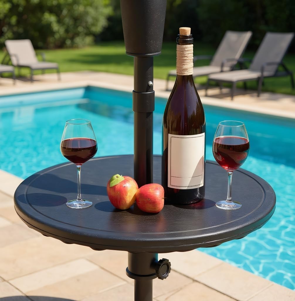 Outdoor Adjustable Umbrella Table Tray, 20'' Portable Round Umbrella Table Top for 1.5ft Patio Umbrella Pole, Black.