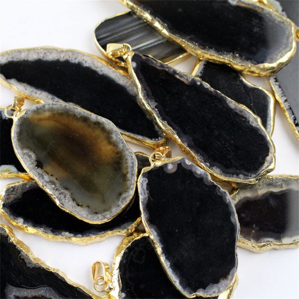YONGERN Natural Druzy Geode Agate Slice Gold Plated Crystal Agate Gemstone For DIY Making Necklace Pendant Jewelry Gift Hanging Decor (Color : Black Agate, Size : Without Chain)