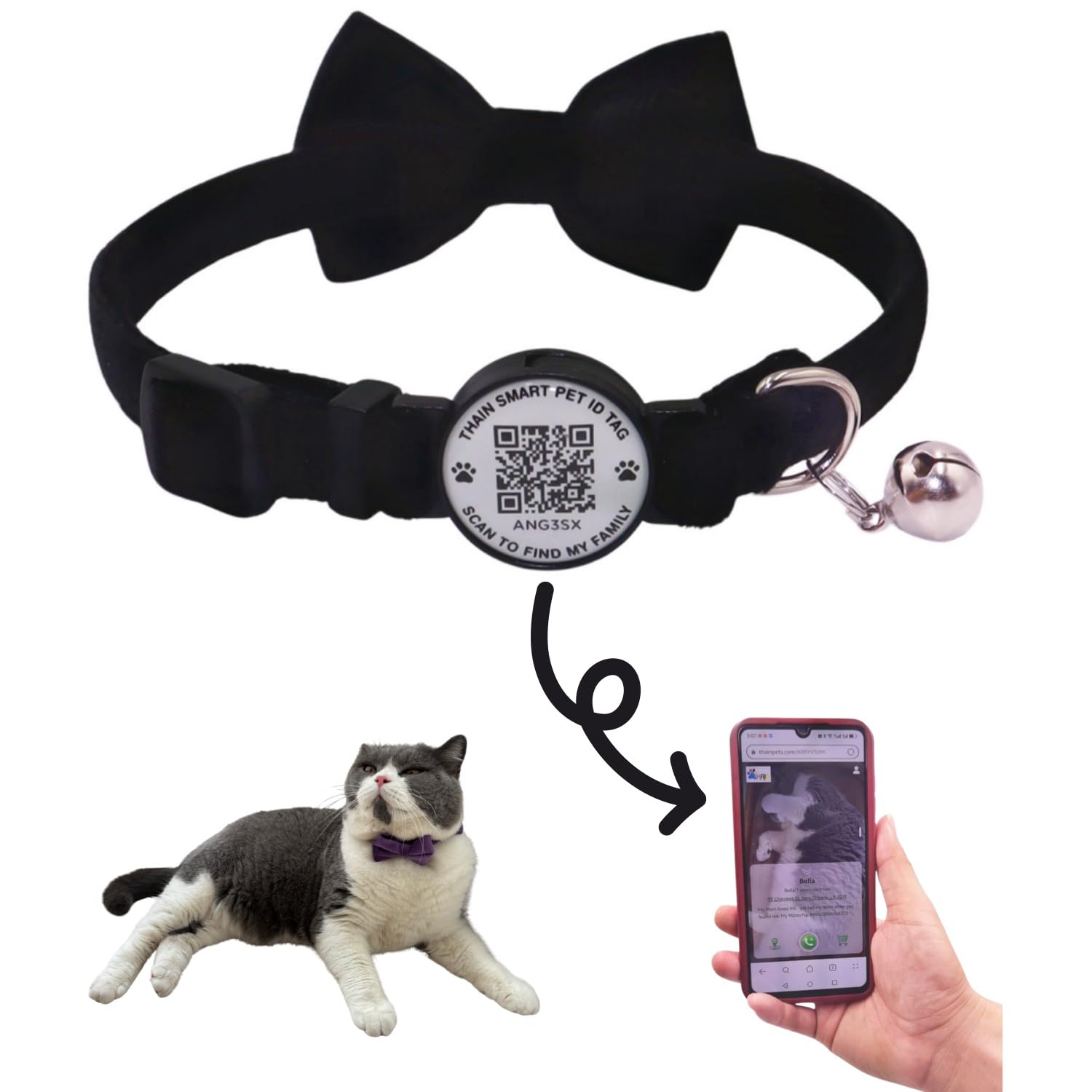 THAIN Personalized Cat Collar with Bell and Bowtie Breakaway QR Code Name Smart ID tag Quick Release Soft Comfortable Collar for Cats and Kittens (