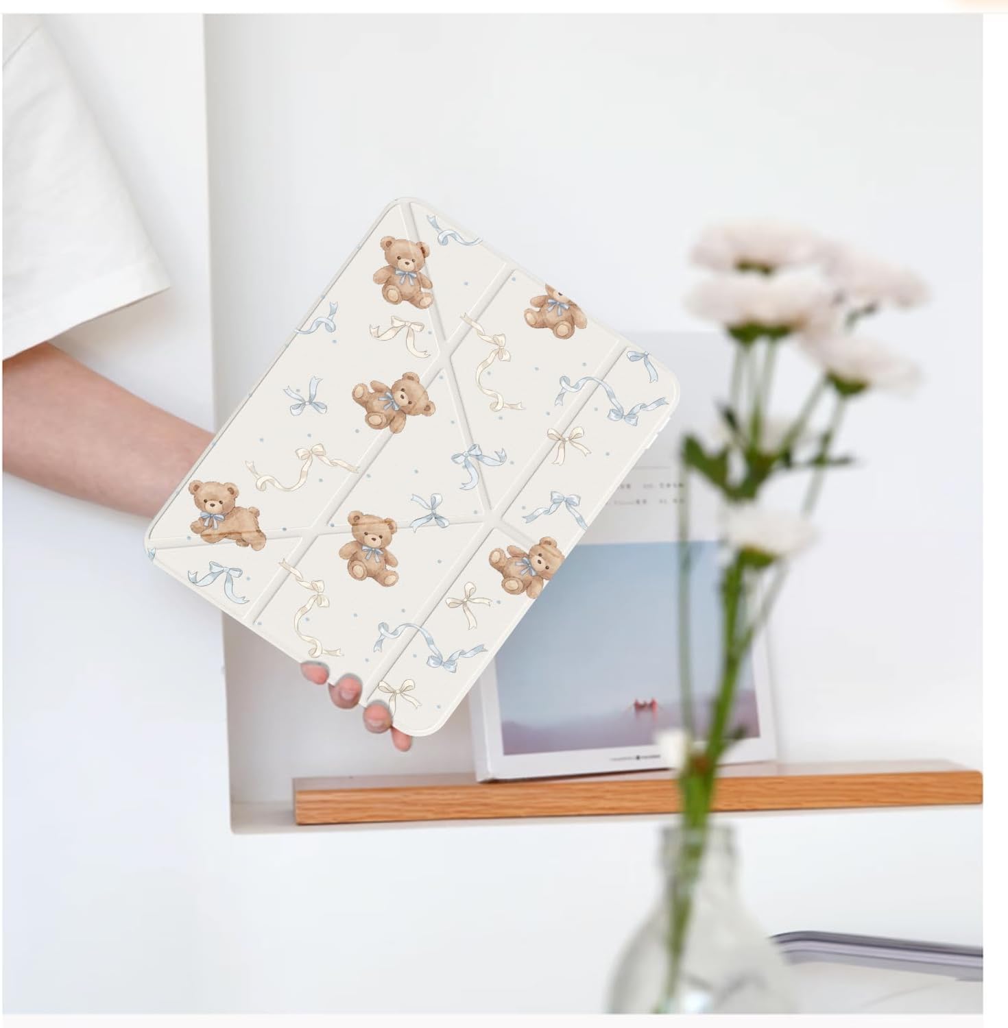 Cute Kawaii Bear Bow for iPad (A16) 11th/10th Generation Case 11 Inch/10.9 Inch 2025/2022 with Pencil Holder, Auto Sleep/Wake, White Leather Acrylic Back Detachable Cover