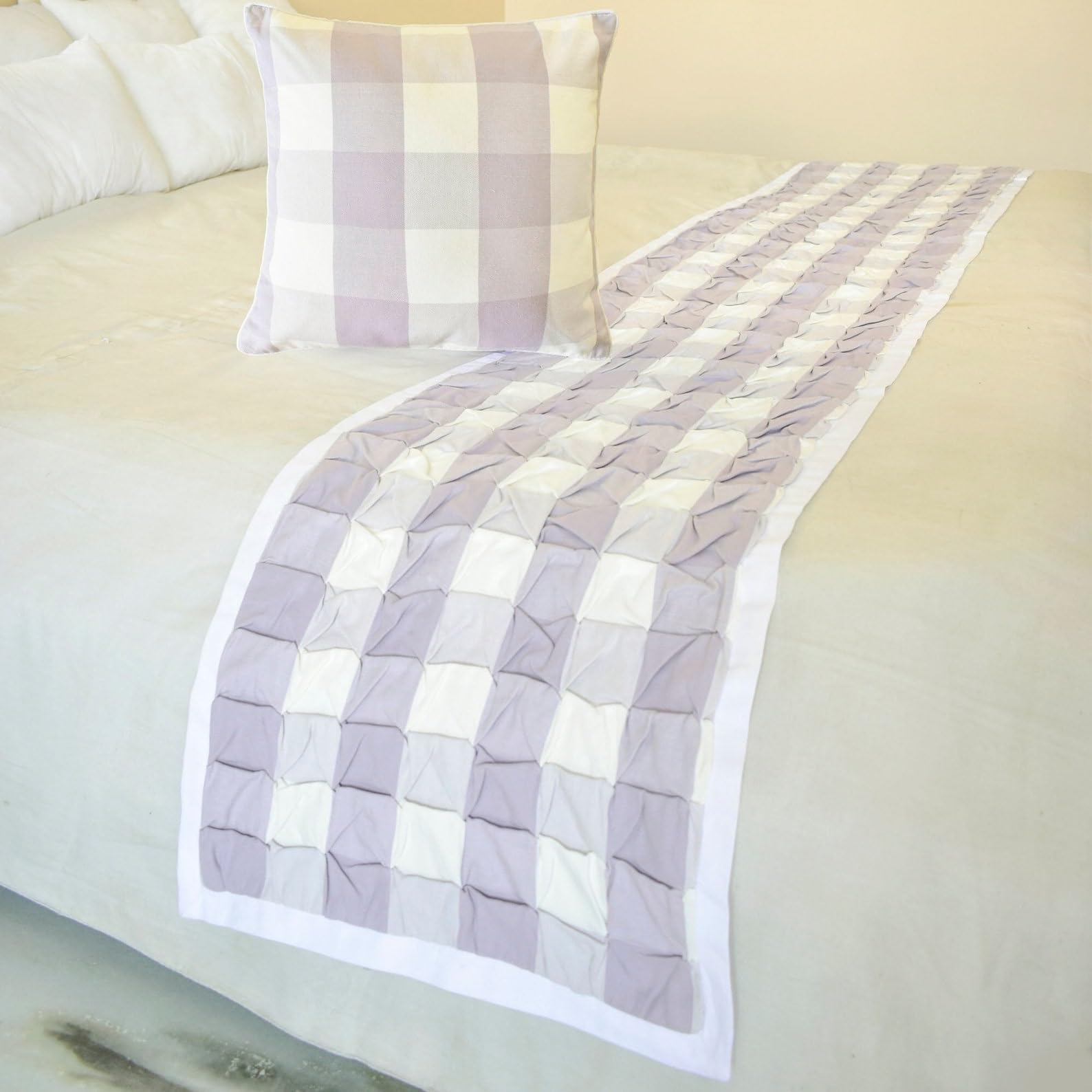 The HomeCentric King/Queen/Twin Lavender Decorative Bed Runner Queen 185x45 cm Bed Runner With Two Cushion Cover, Checkered, Buffalo Plaid, Check Bed Scarf on Cotton - Lavender Plaid Knots
