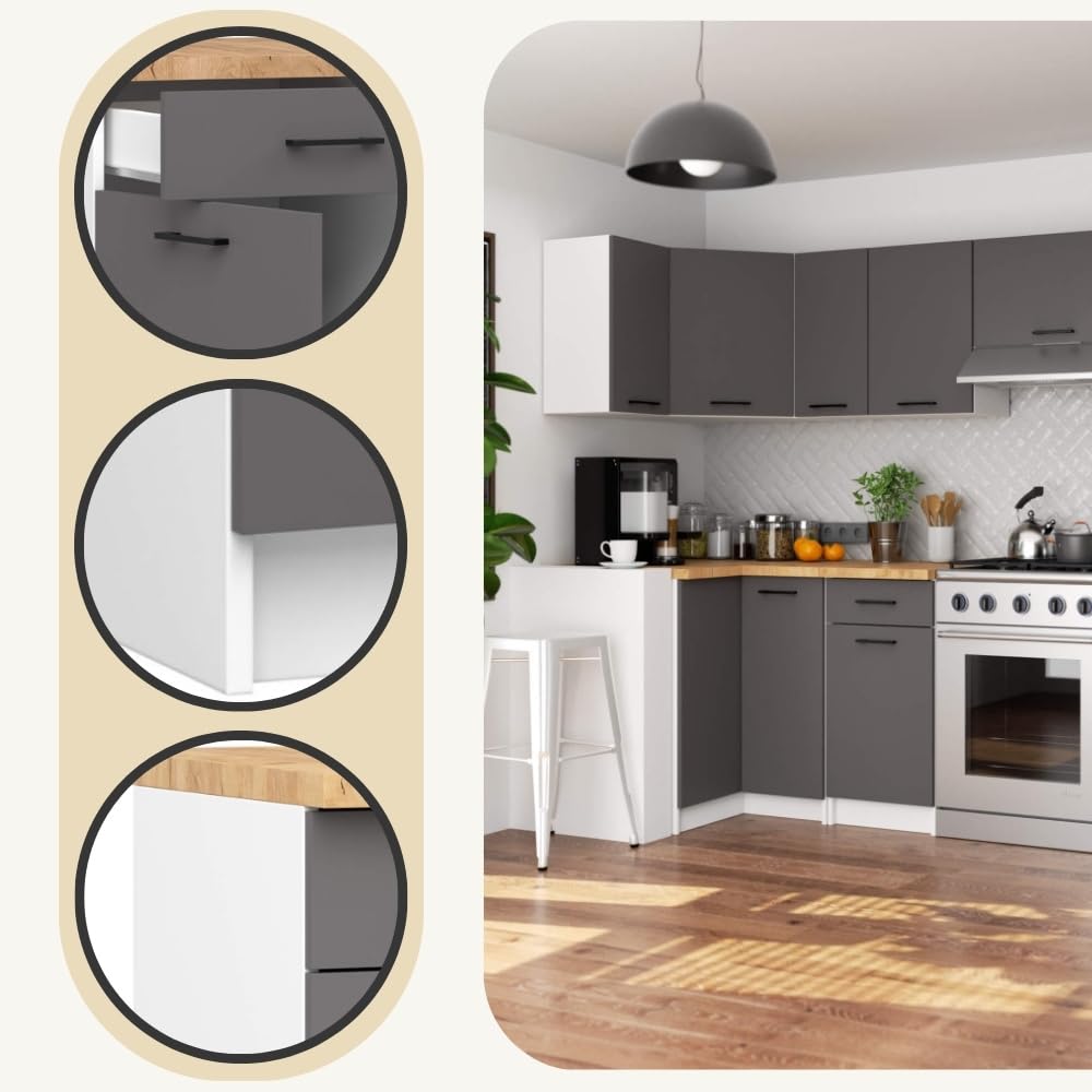 AKORD Cucina componibile con piano di lavoro 82/85x50 cm | Armadio da cucina | Credenze OLIWIA | Spazioso | Robusto | Adatto a ogni design | Per una piccola cucina | Bianco & Grigio Grafite