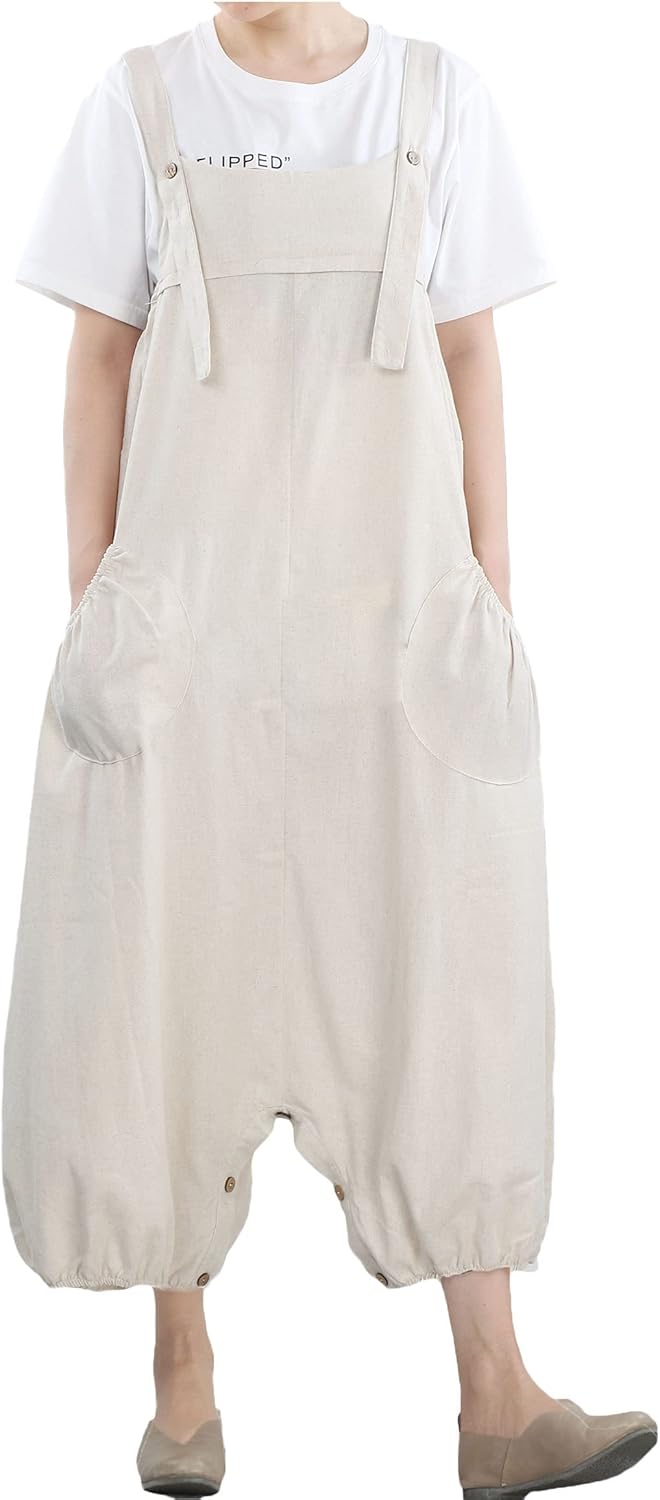 Minibee Womens Casual Loose Jumpsuit Long Baggy Bib Pants Wide Leg Rompers Cotton Overalls with Pockets