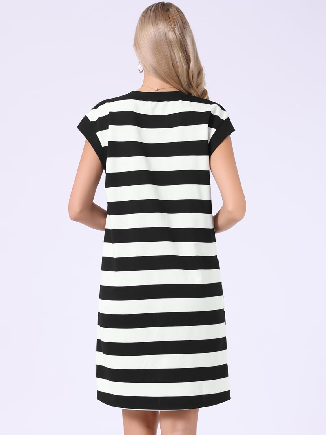 Allegra K Striped Summer Dresses for Women 2026 Cap Sleeve Color Block Crew Neck Casual Tshirt Dress - Image 3