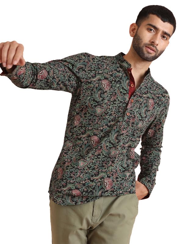 Image of KISAH Men's Short Kurta, Magenta Silk Blend, Woven Design Regular Fit Mandarin Collar Long Sleeves