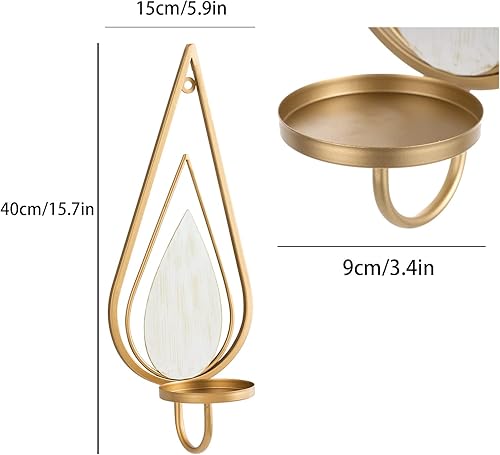 Miniatura 5 de ZOOYOO Juego de 2 candelabros de pared dorados  Candelabros de hierro colgantes de gota de lluvia de metal para decoración del hogar, dormitorio,
