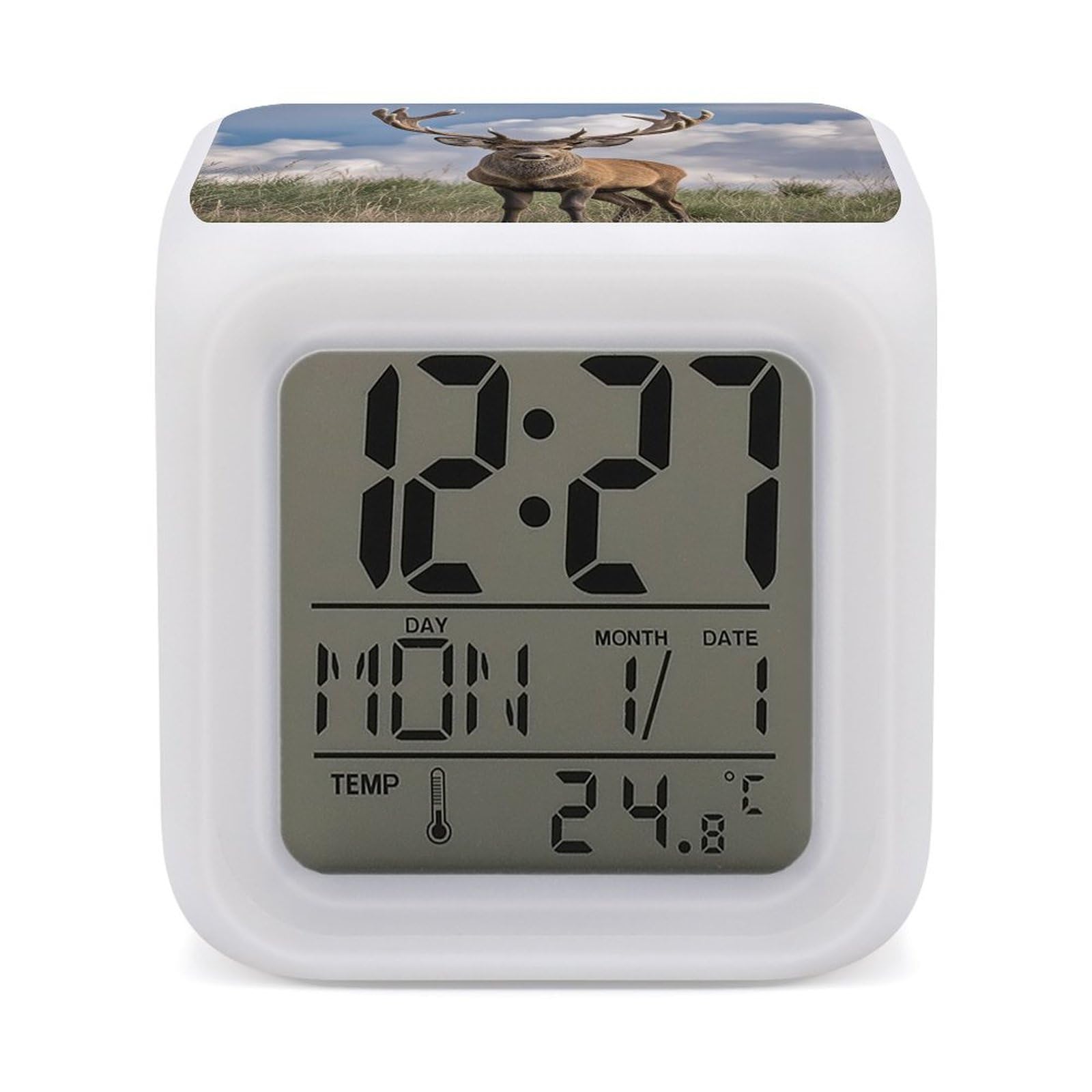 FekiLoot Elk Alarm Clock for Heavy Sleepers Small Digital Alarm Clock with Date Temperature Wake Up Digital Clocks with 7 Colors Changing Desk Clocks for Bedroom Bedside Nightstand