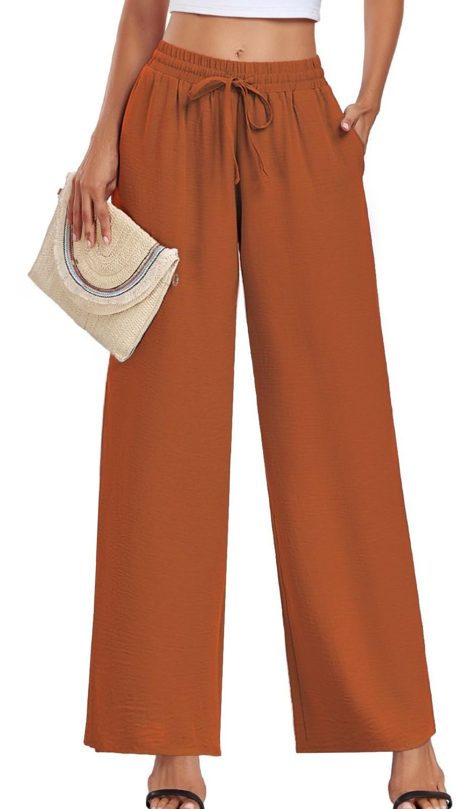 Womens Casual Pants Loose Fit Palazzo Pant Elastic Waist Drawstring Tie Knot Trousers with Pockets
